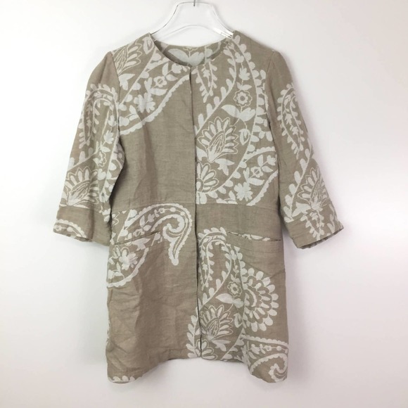Chico's Tan and White Linen Paisley Print 3/4 Sleeve Long Jacket Size Medium - Picture 3 of 8
